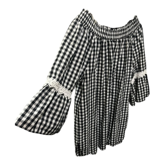 STUDIO WEST APPAREL BLACK AND WHITE GINGHAM SMOCKED FLARE LACE DETAIL SLEEVES - Picture 8 of 16